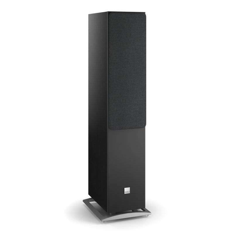 DALI Oberon 7 Floorstanding Speakers Black Ash (Pair): angled view with grille