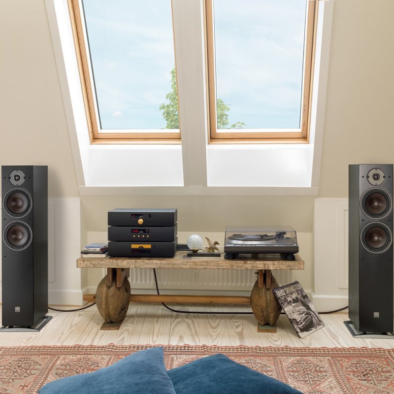 DALI Oberon 7 Black Ash speakers in a living room stereo system