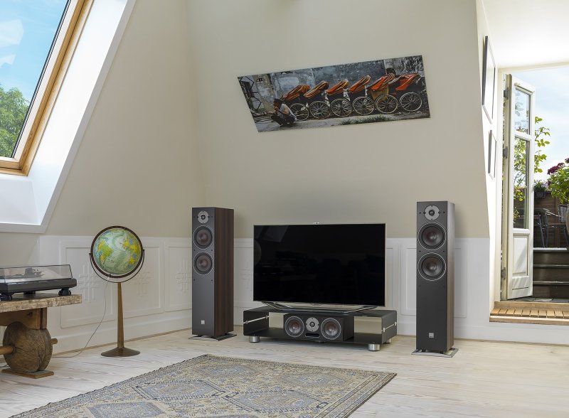DALI Oberon 7 Floorstanding Speakers Dark Walnut (Pair): pair with grilles flanking TV