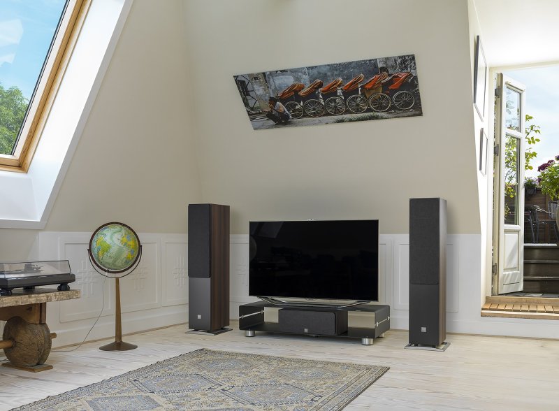 DALI Oberon 7 Floorstanding Speakers Dark Walnut (Pair): pair flanking TV in home cinema setup