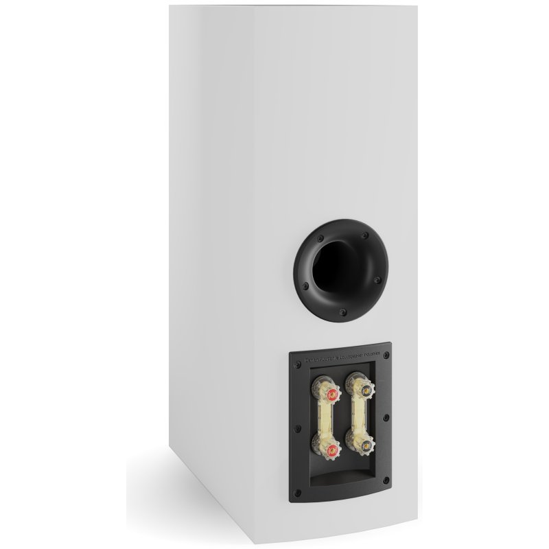DALI Rubikore Cinema High Gloss White rear angled view showing port and bi-wire terminals