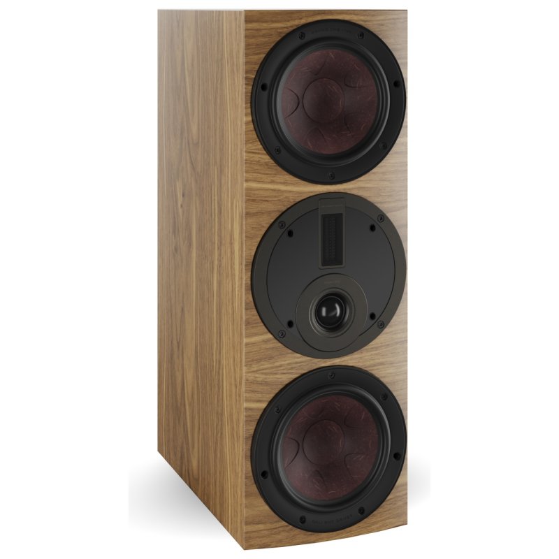 DALI Rubikore Cinema Natural Walnut angled view, grille removed