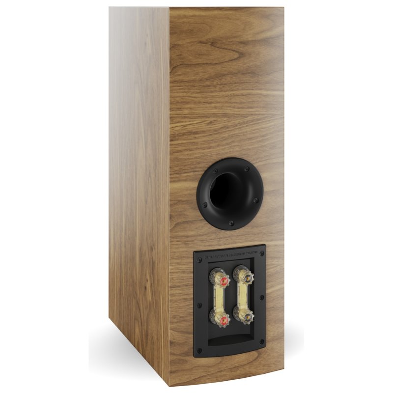 DALI Rubikore Cinema Natural Walnut rear angled view, port and bi-wire terminals