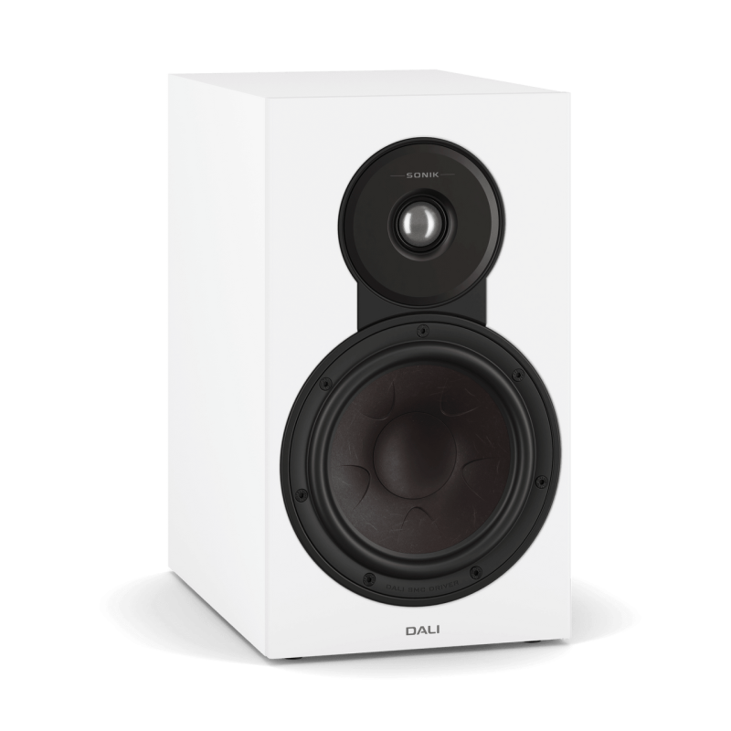 DALI Sonik 3 Bookshelf Speakers White (Pair) — angle view (grille off)