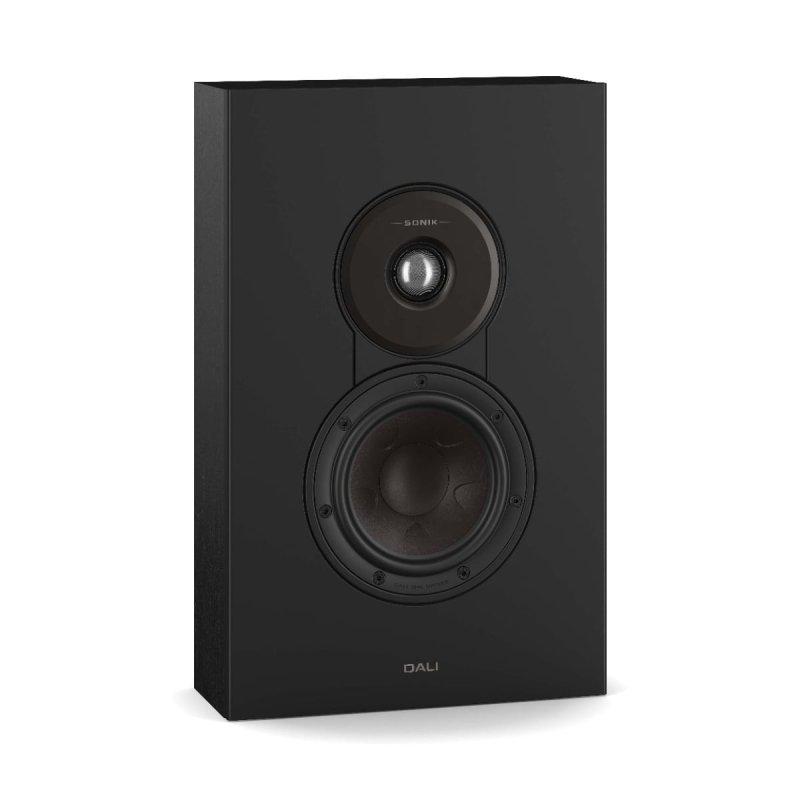 DALI Sonik On-Wall Black Ash — angled view (grille off)
