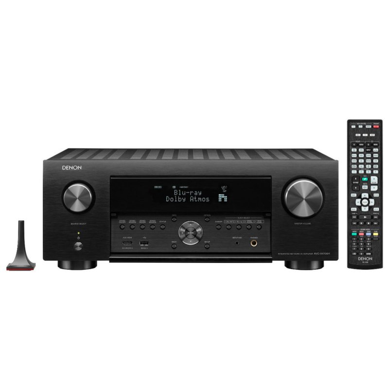 Denon AVC-X4700H AV Receiver Black — front view with remote and Audyssey microphone