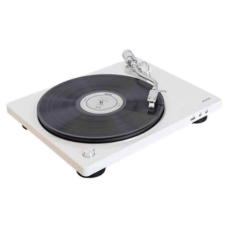 Denon DP-450USB Turntable White — side angle with record