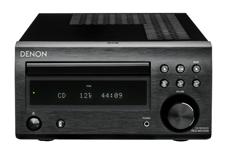 Denon RCD-M41DAB front panel showing CD slot, display, and controls