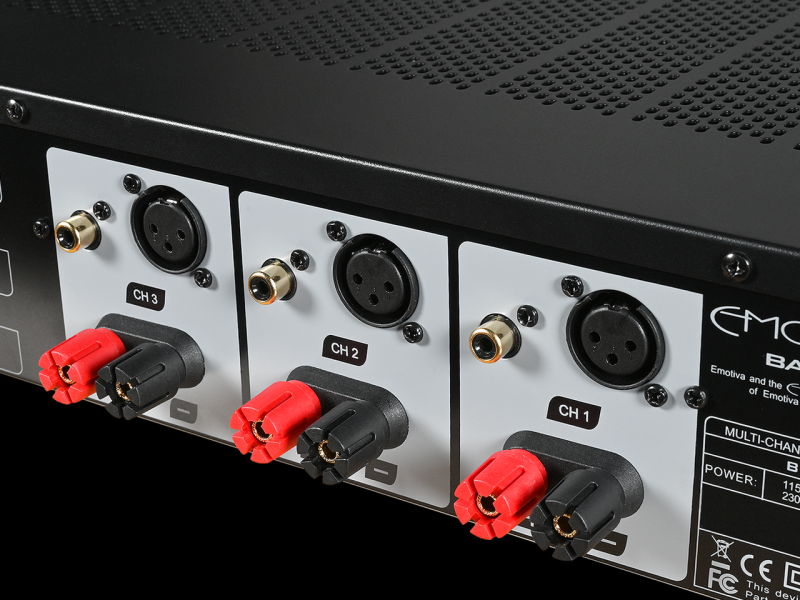 Emotiva BasX A3+ Three-Channel Power Amplifier — rear connections close-up showing three-channel XLR, RCA inputs and speaker binding posts
