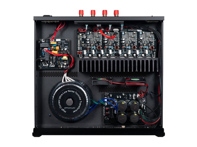 Emotiva BasX A4 Four-Channel Power Amplifier — internal view showing toroidal transformer, output boards and heatsinks