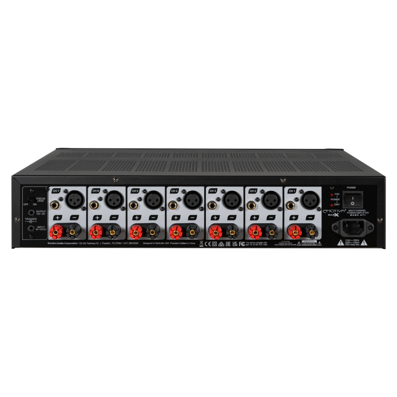 Emotiva BasX A7+ 7-Channel Power Amplifier — rear panel showing 7 XLR inputs and speaker binding posts