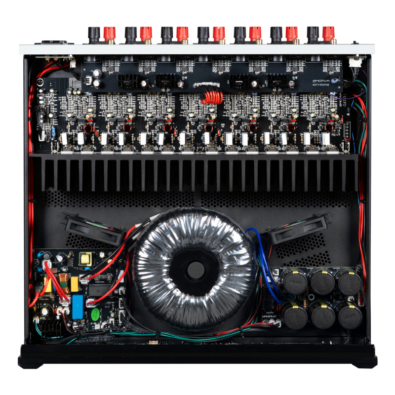 Emotiva BasX A7+ 7-Channel Power Amplifier — internal view showing toroidal transformer and amplifier boards