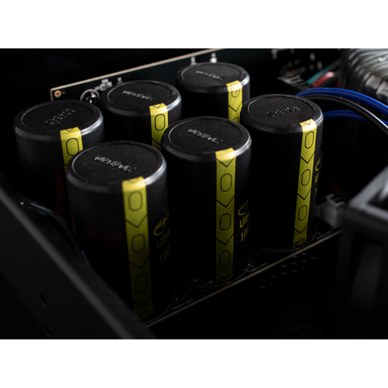 Emotiva BasX A7+ 7-Channel Power Amplifier — internal detail showing large filter capacitors