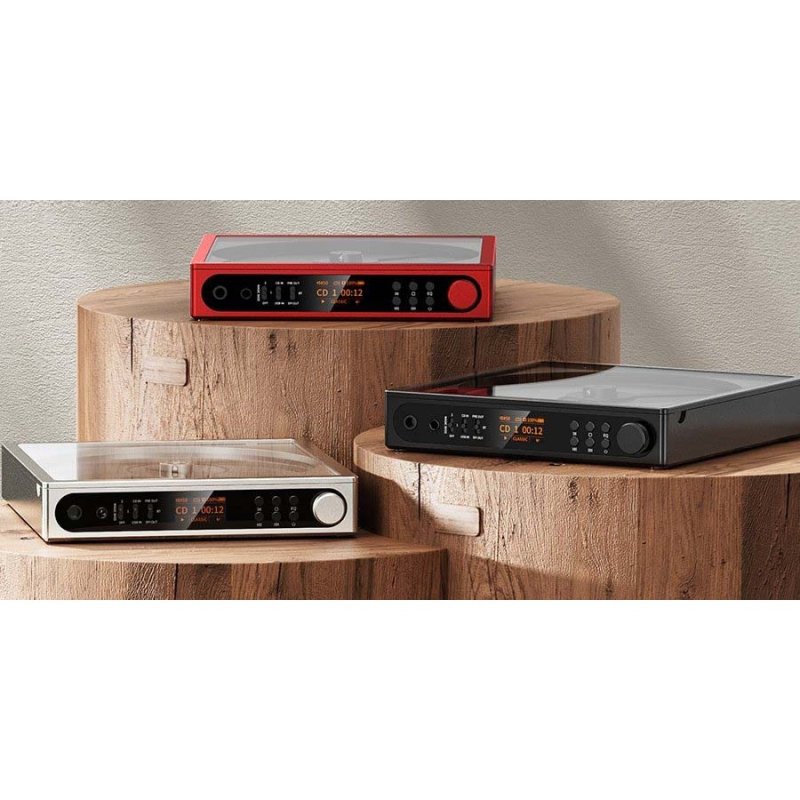 FiiO DM15 R2R Red, Silver and Black on wooden plinths