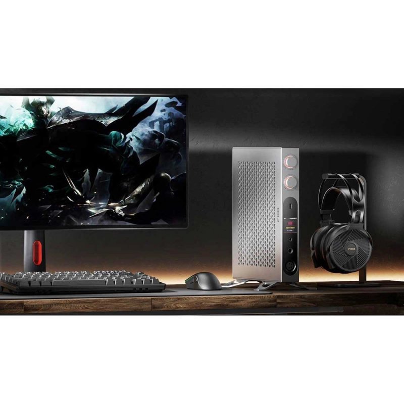 FiiO K19 Desktop DAC and Headphone Amplifier Silver - Lifestyle with Headphones
