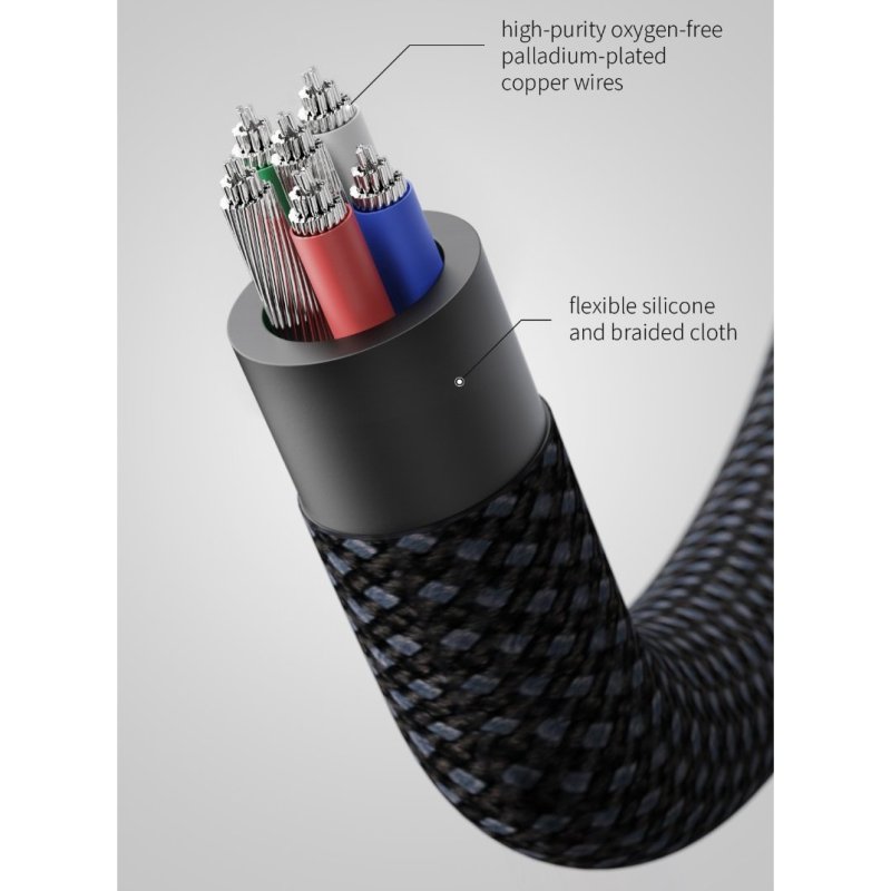 FiiO KA11 cable detail showing palladium-plated copper wires and braided cloth