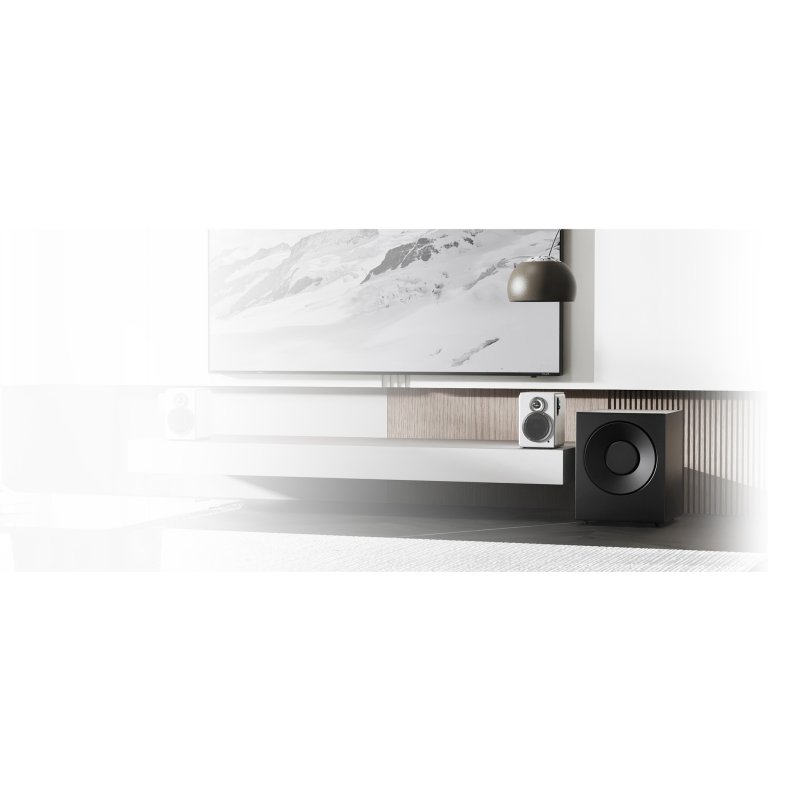 FiiO SA1 Desktop Active Speaker White - living room with subwoofer