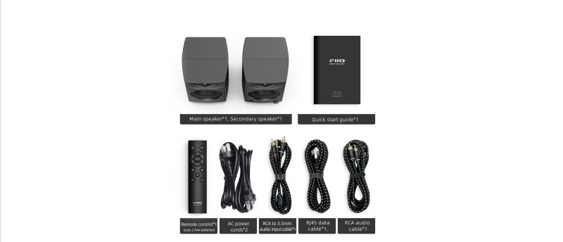 FiiO SP5 Active Desktop Speakers - Black - box contents including remote, cables and speakers
