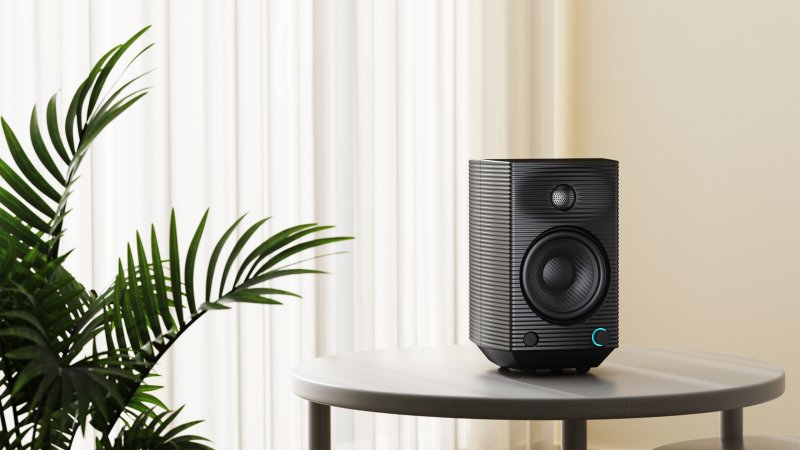 FiiO SP5 Active Desktop Speakers - Black - lifestyle shot on side table