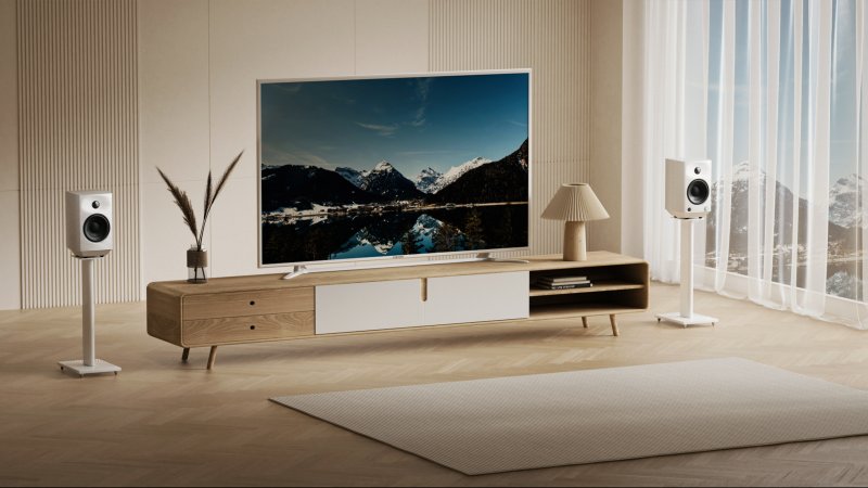 FiiO SP5 Active Desktop Speakers - White - lifestyle shot in modern lounge