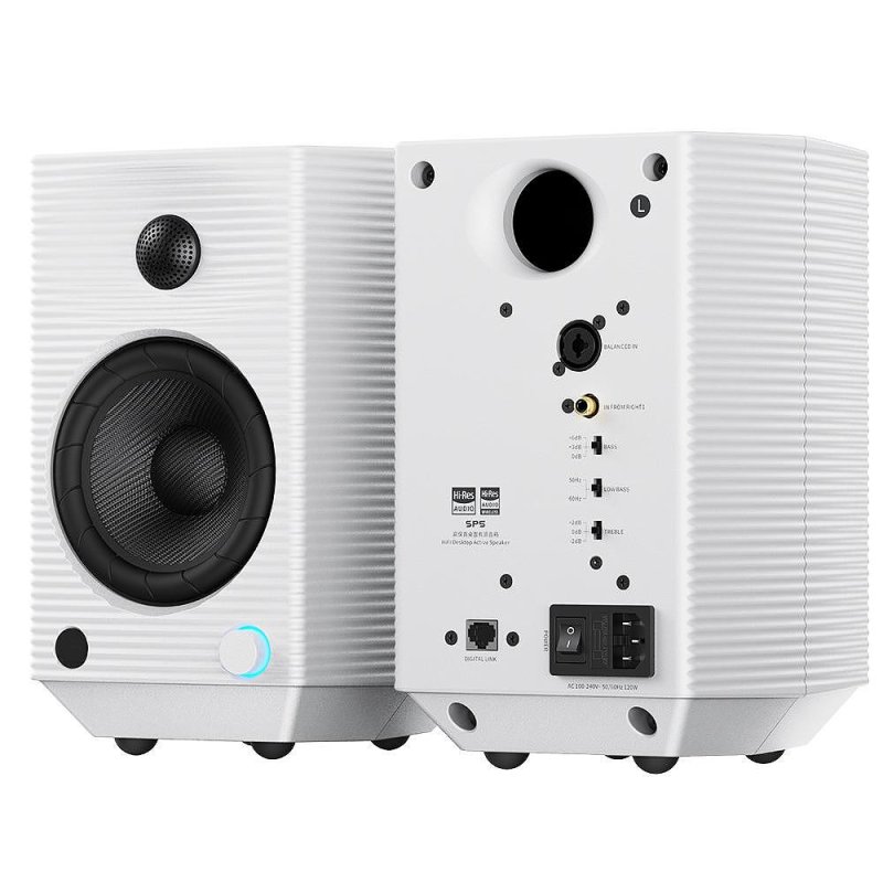 FiiO SP5 Active Desktop Speakers - White - front and rear panel view