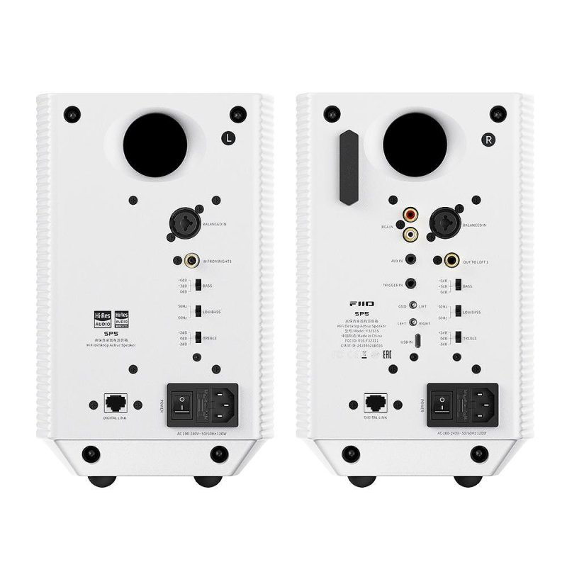 FiiO SP5 Active Desktop Speakers - White - both rear panels showing all connections