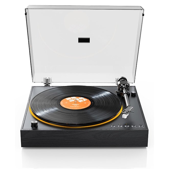 FiiO TT11 Turntable Black - front view with dust cover raised