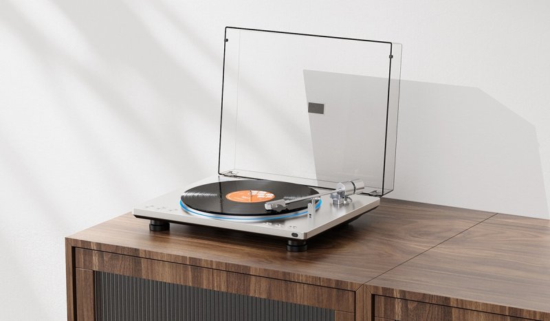 FiiO TT13 Turntable with Bluetooth - Silver - lifestyle on sideboard