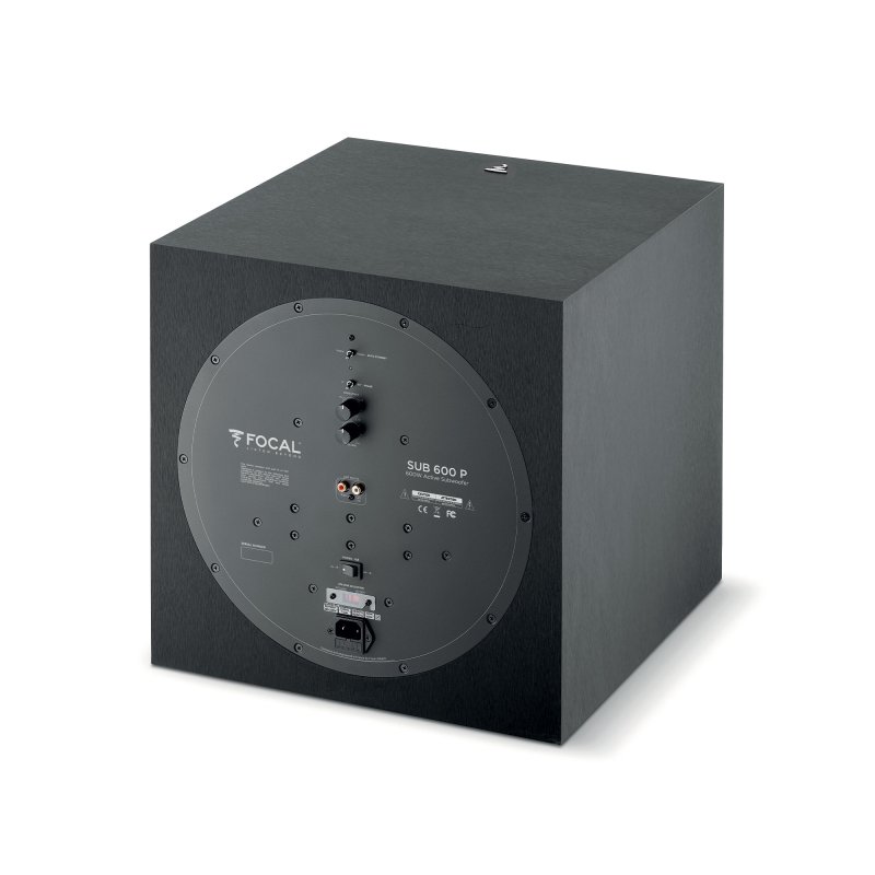 Focal Sub 600P Black active subwoofer - rear panel three-quarter view
