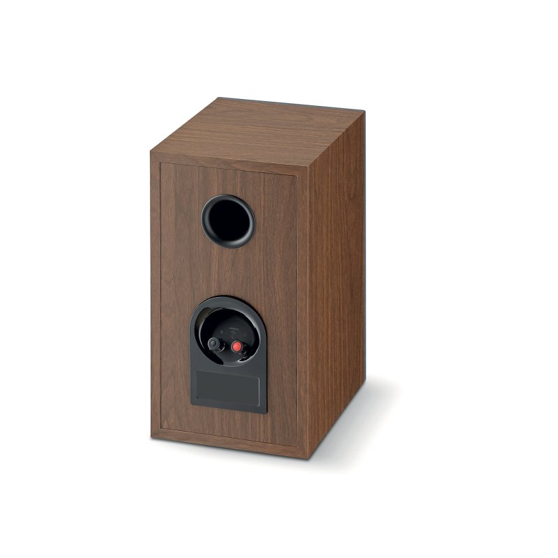 Focal Theva N1 dark wood rear view with bass port and binding posts