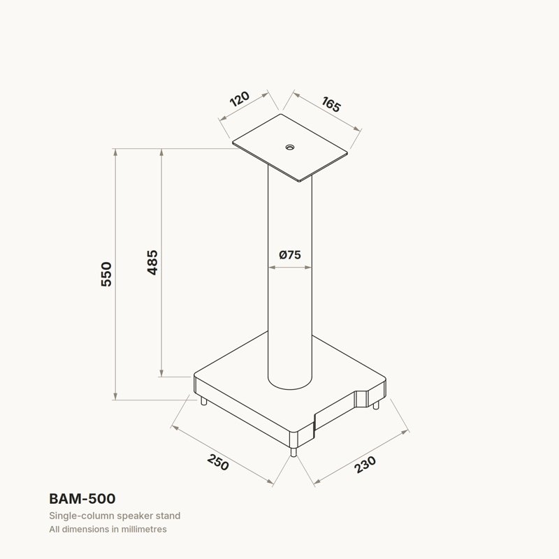 Forged Audio BAM-500 speaker stand dimensioned line diagram, single stand shown, millimetres