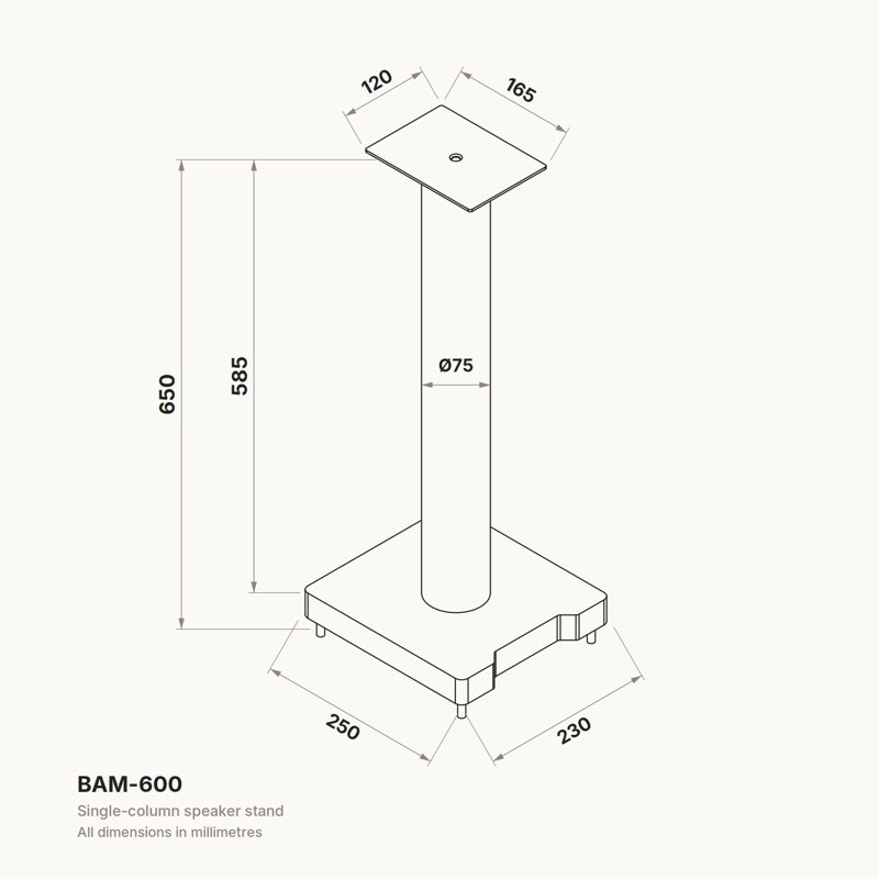 Forged Audio BAM-600 speaker stand dimensioned line diagram, single stand shown, millimetres