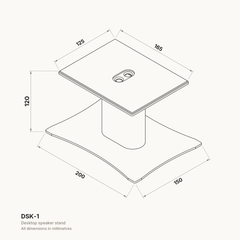 Forged Audio DSK-1 desktop speaker stand dimensioned line diagram, single stand shown, millimetres