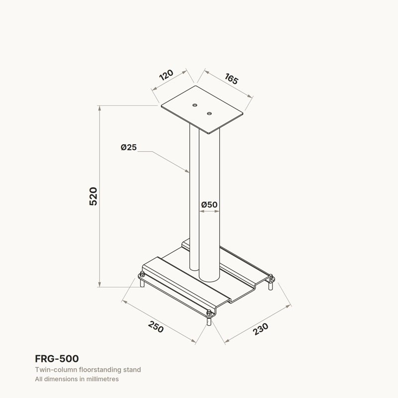Forged Audio FRG-500 speaker stand dimensioned line diagram, single stand shown, millimetres
