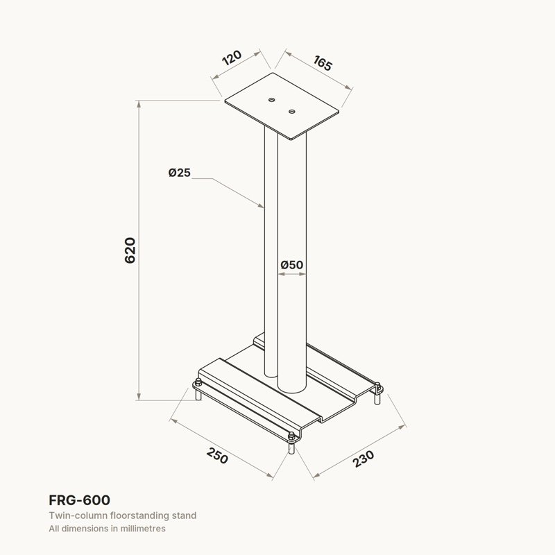 Forged Audio FRG-600 speaker stand dimensioned line diagram, single stand shown, millimetres