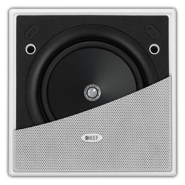 KEF Ci130.2CS in-ceiling speaker with grille partly removed showing the driver