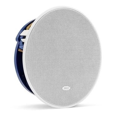 KEF Ci160RR-THX in-ceiling speaker, angled view with grille fitted