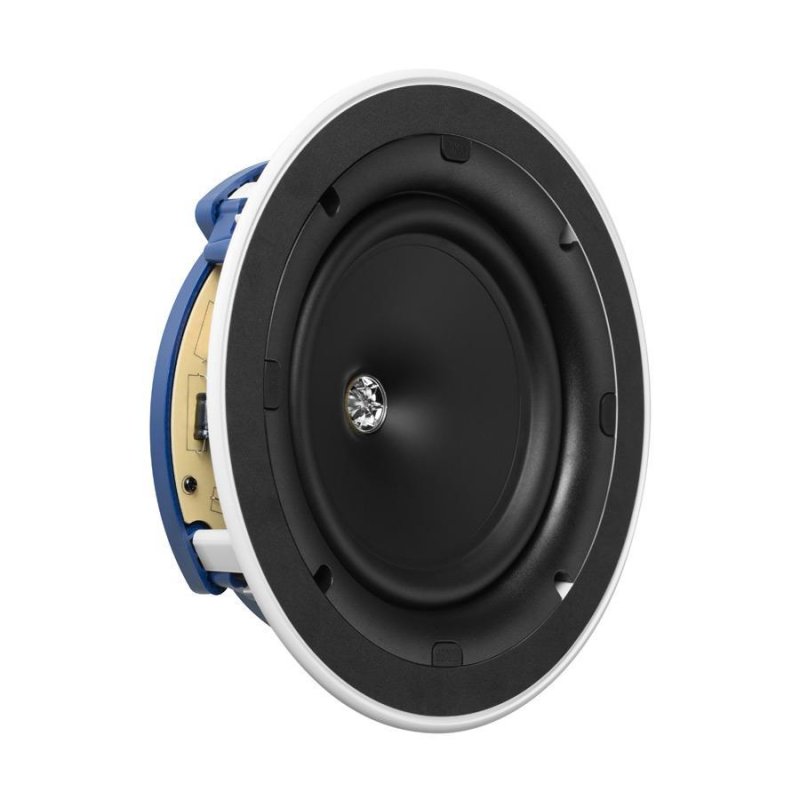 KEF Ci200.2CR in-ceiling speaker angled front view showing Uni-Q driver and mounting frame