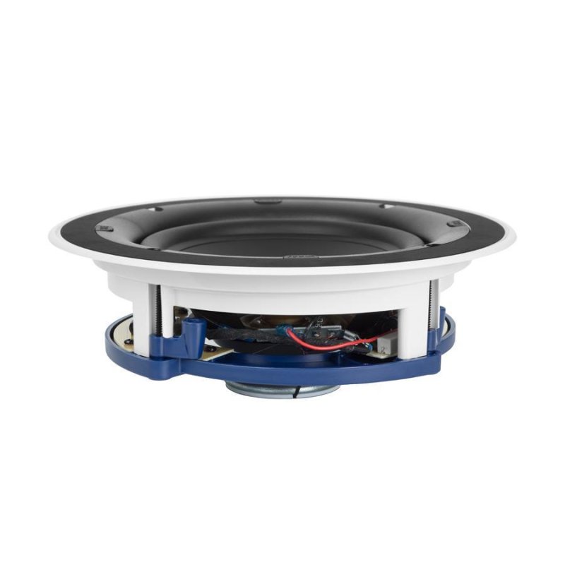 KEF Ci200.2CR in-ceiling speaker side profile showing thin bezel, mounting clamps and covered crossover