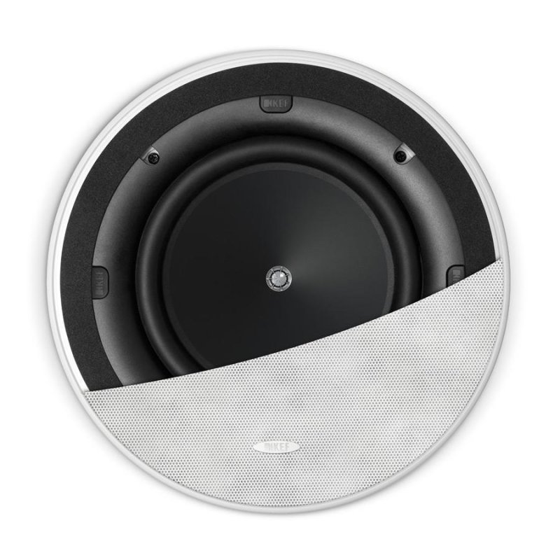 KEF Ci200.2CR in-ceiling speaker with grille partially removed showing Uni-Q driver