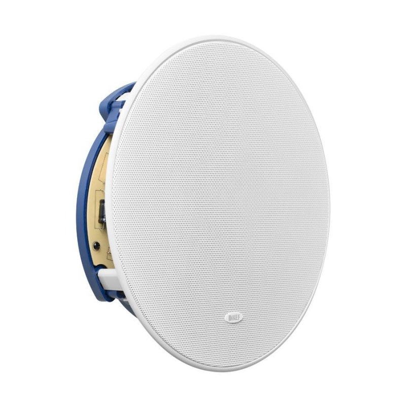 KEF Ci200.2CR in-ceiling speaker angled view with white grille fitted