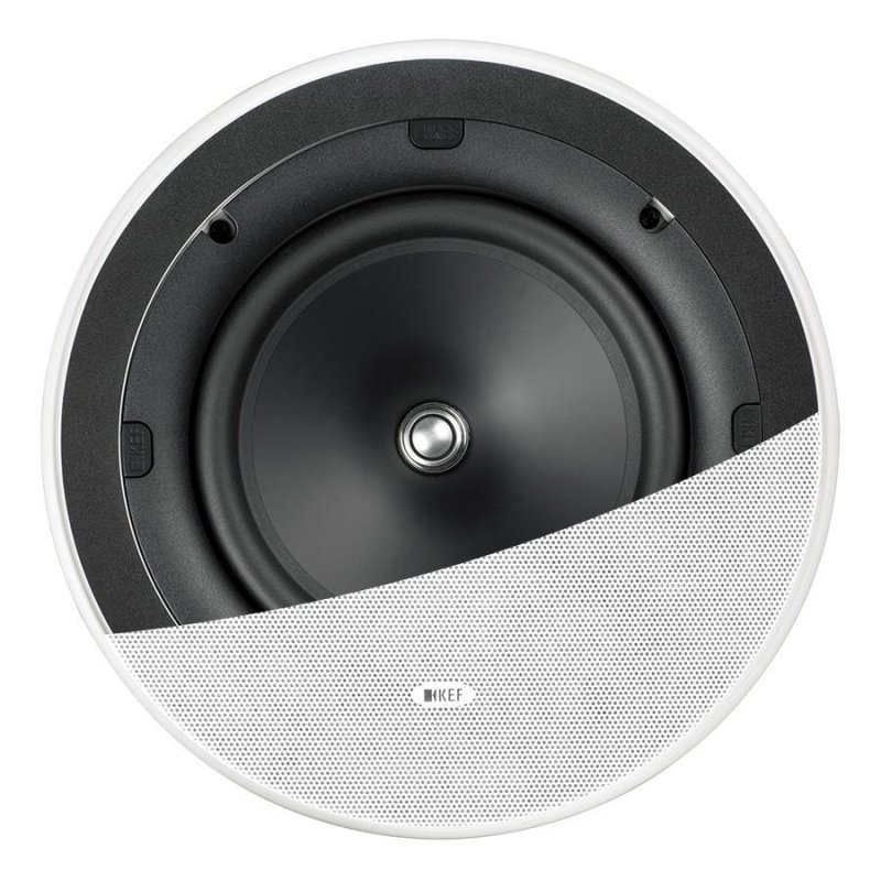 KEF Ci200er with magnetic grille partially fitted showing speaker detail