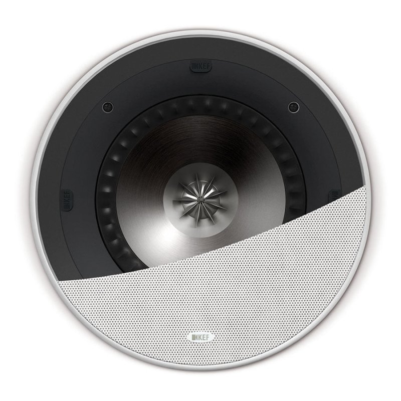 KEF Ci200RR-THX in-ceiling speaker with magnetic grille half-removed