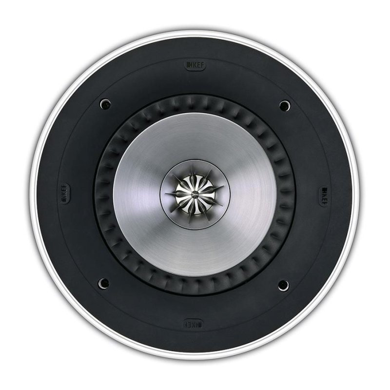 KEF Ci200RR-THX front view showing 200mm Uni-Q driver with tangerine waveguide