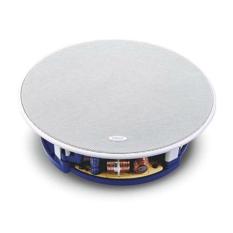 KEF Ci200RR-THX angled view showing grille and crossover chassis