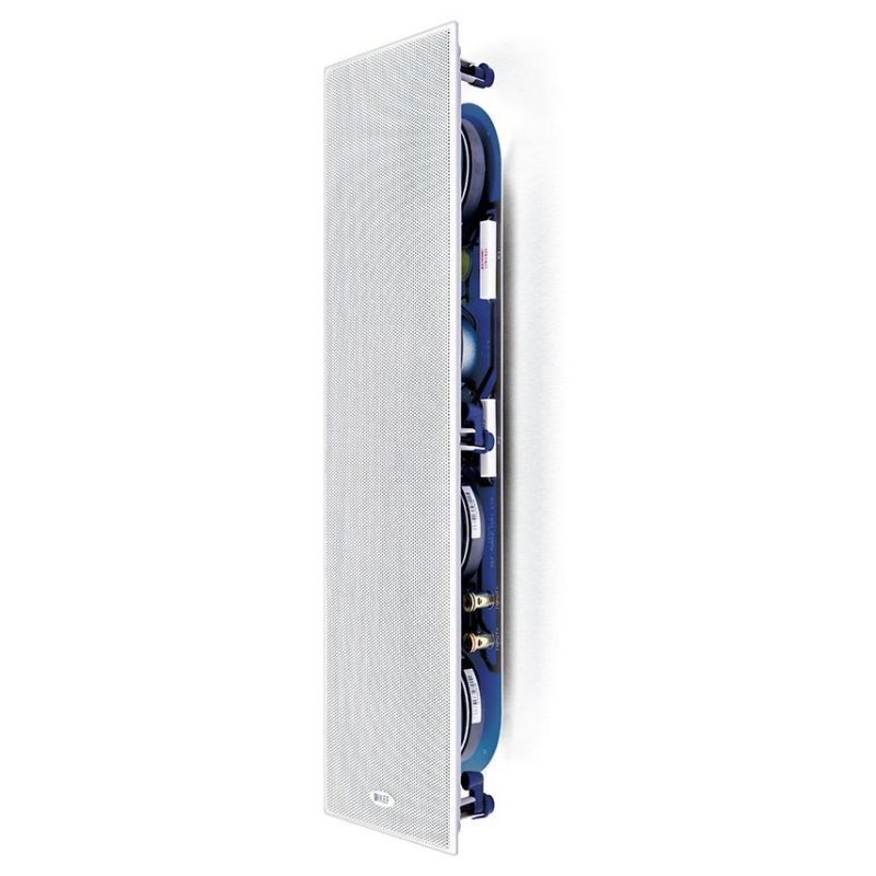 KEF Ci4100QL-THX — three-quarter angle with grille showing rear components