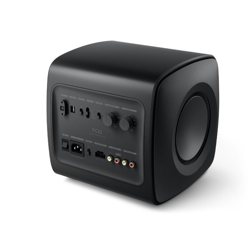 KEF KC62 Subwoofer Carbon Black — rear three-quarter view