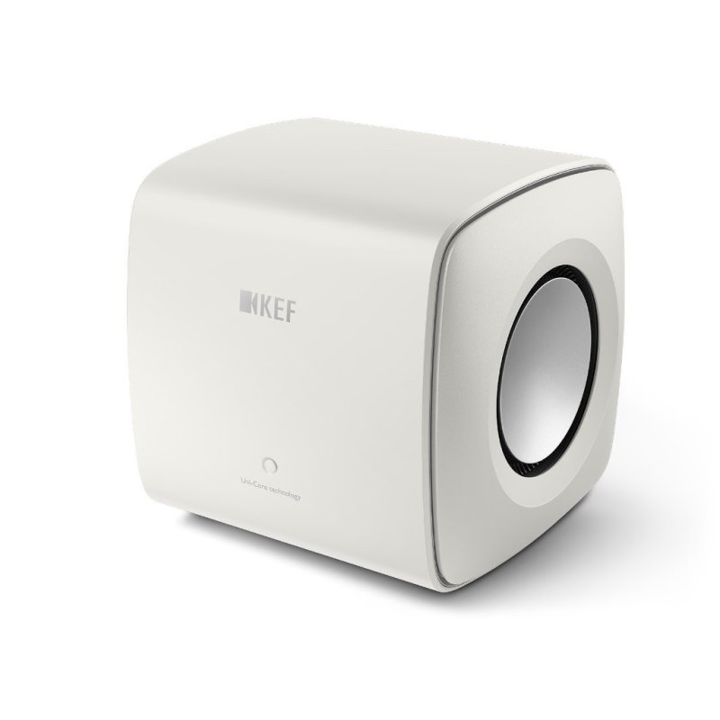 KEF KC62 Subwoofer Mineral White — three-quarter view