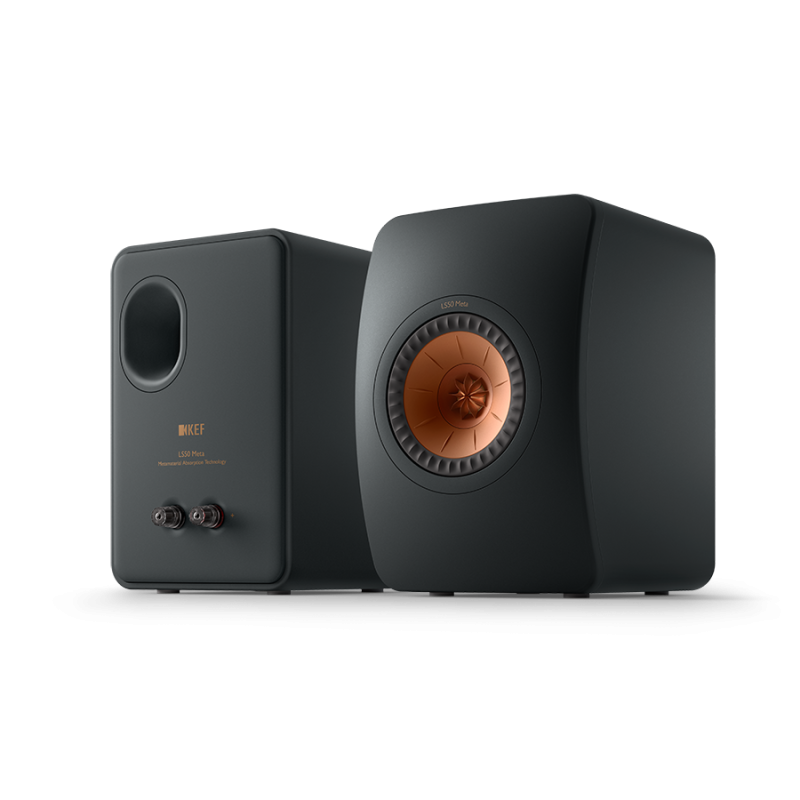 KEF LS50 Meta Bookshelf Speakers Carbon Black (Pair) — front and rear view