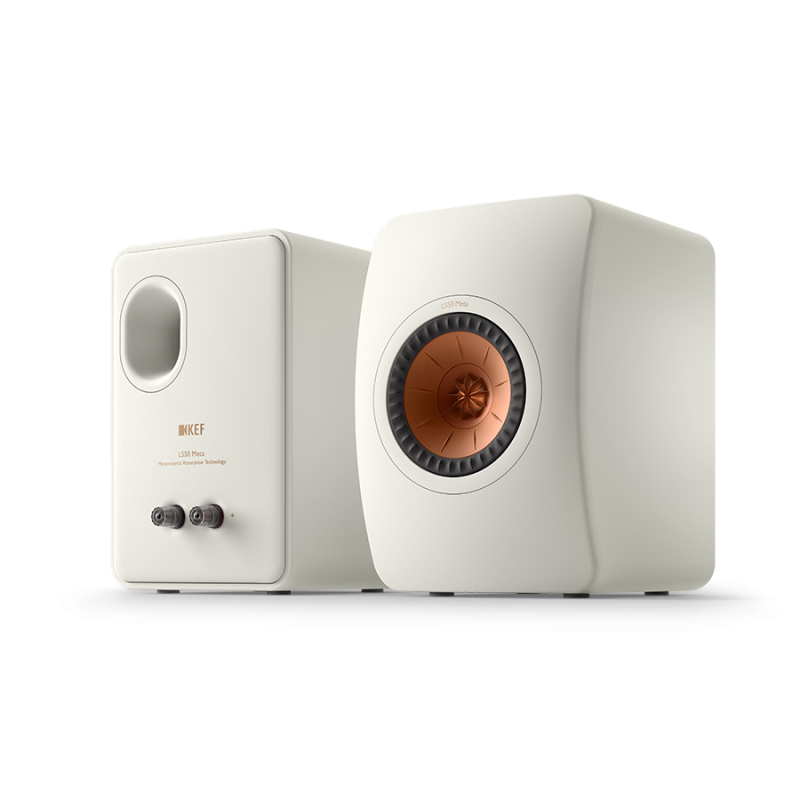KEF LS50 Meta Bookshelf Speakers Mineral White (Pair) — front and rear view